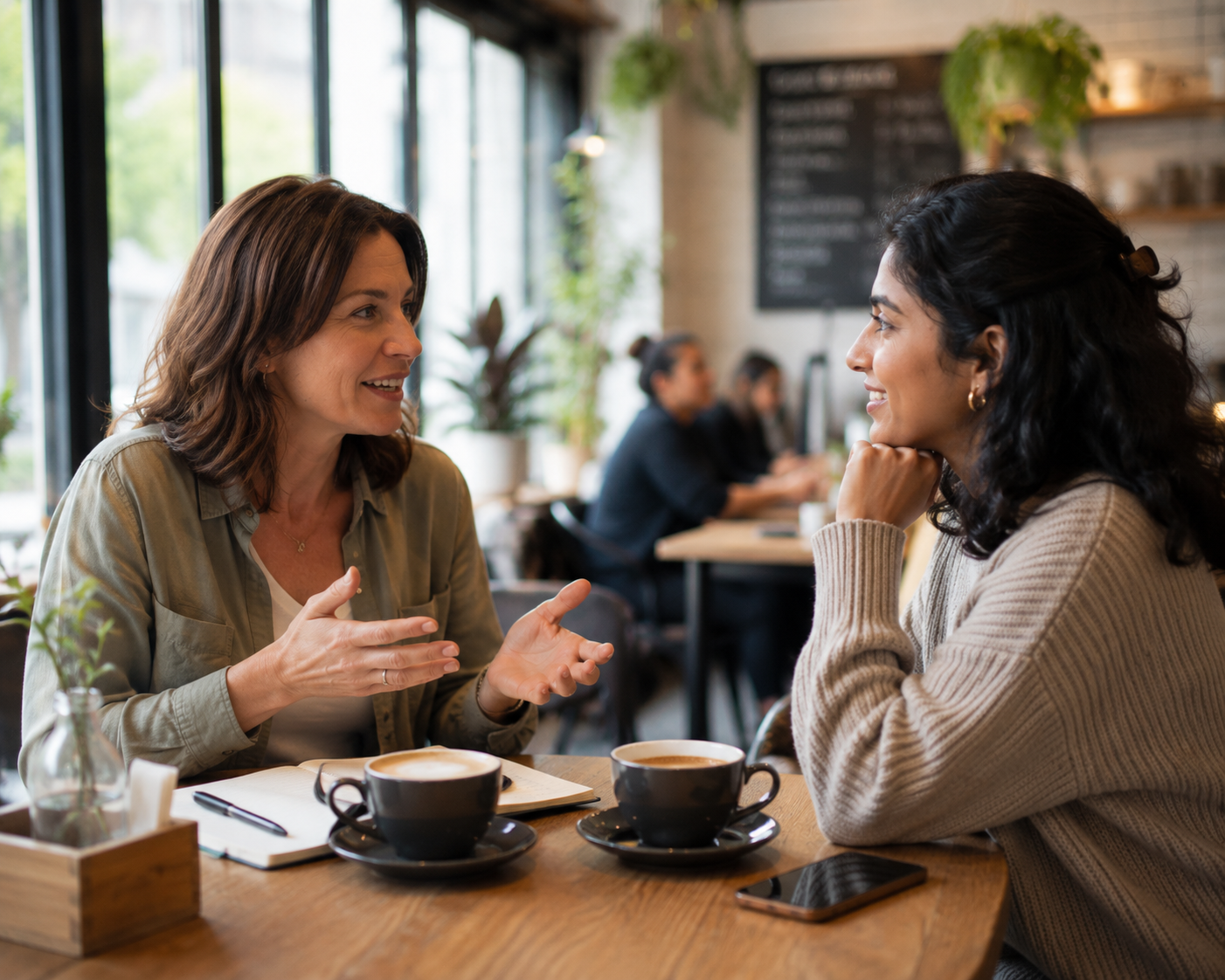 Two people having a relaxed, friendly conversation over coffee in a bright café, one gesturing while explaining something, the other listening and smiling — approachable, unhurried mood.
