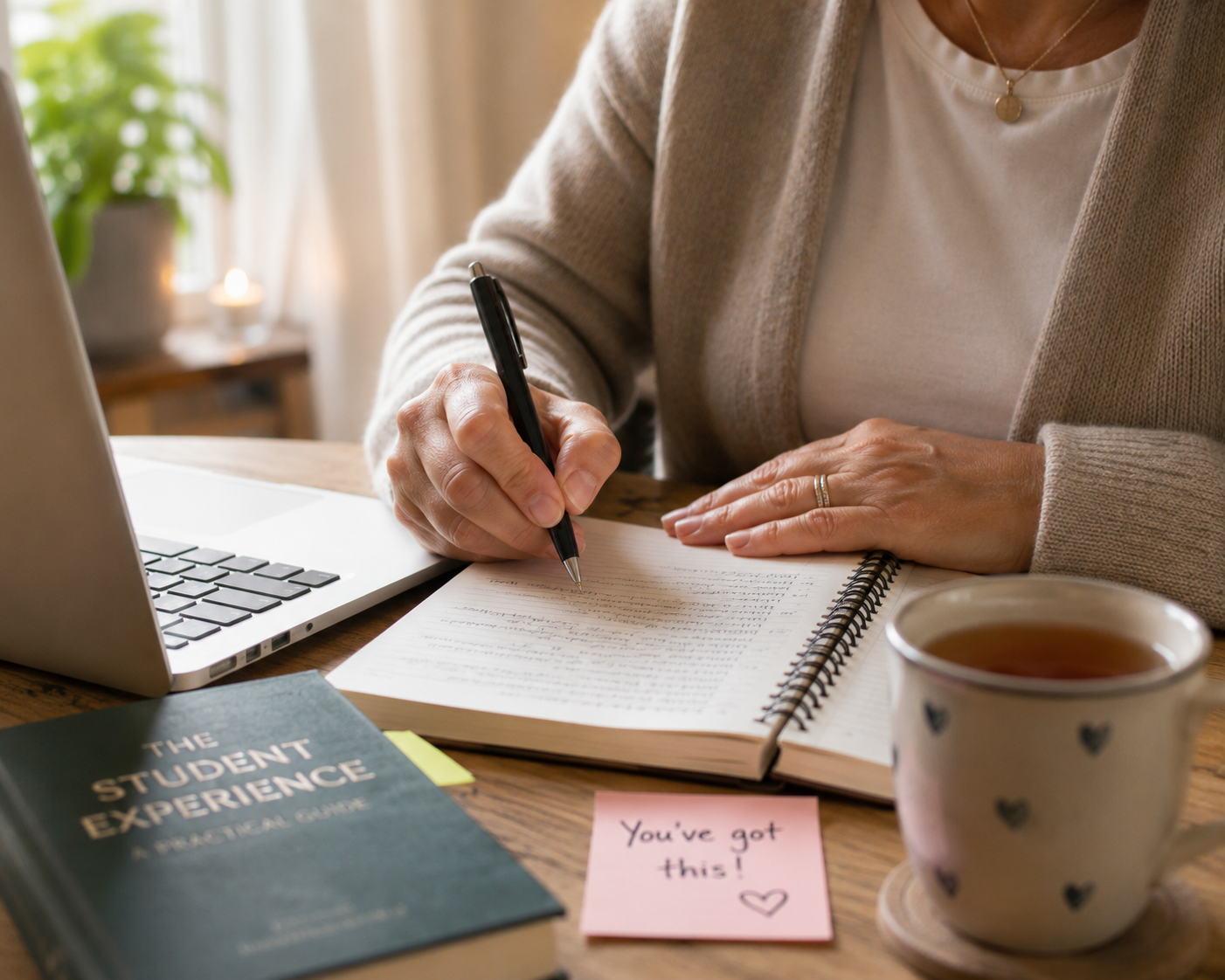 A mature student's hands writing in a notebook next to a laptop and a cup of tea, close-up, cosy and reassuring mood, soft natural light.
